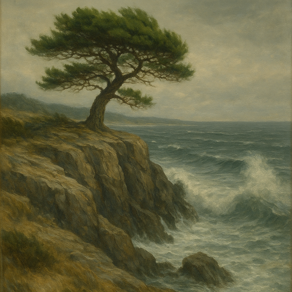 Wild Coastal Pine on Stormy Granite Cliff No. 16 Oil Painting - View 1