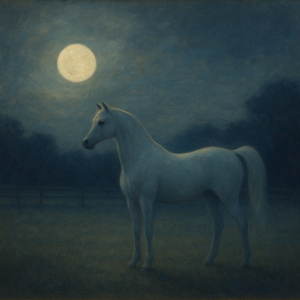 Moonlit Paddock with White Arabian Silhouette No. 16 Oil Painting - View 1