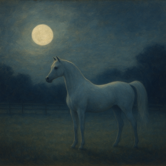 Moonlit Paddock with White Arabian Silhouette No. 16 Oil Painting 100% Hand Painted Oil on Belgian Linen Canvas, Original Fine Art Wall Decor