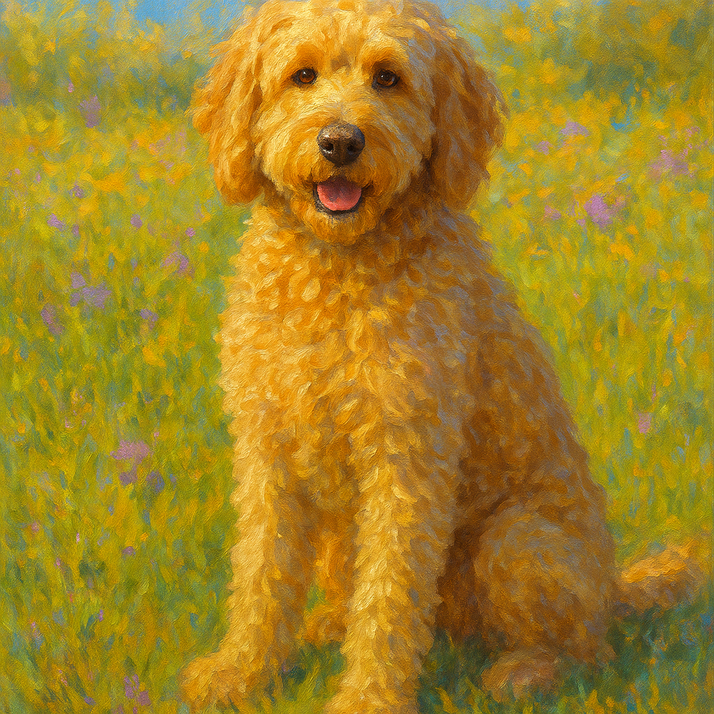 Fluffy Goldendoodle in Sun-Drenched Meadow No. 15 Fine Art Oil Painting - View 1