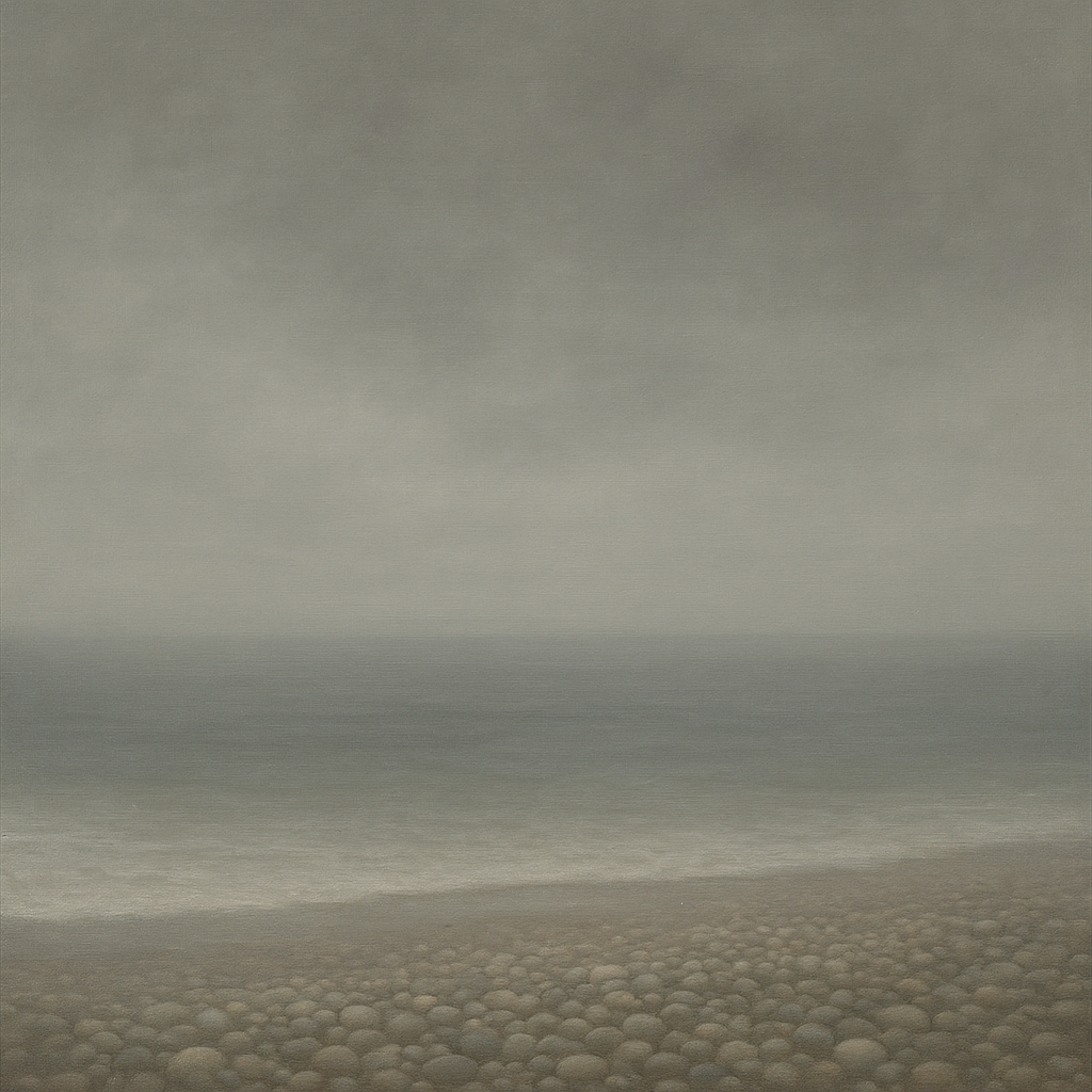 Overcast Coastal Fog & Wet Pebble Shingle No. 10 Oil Painting - View 1