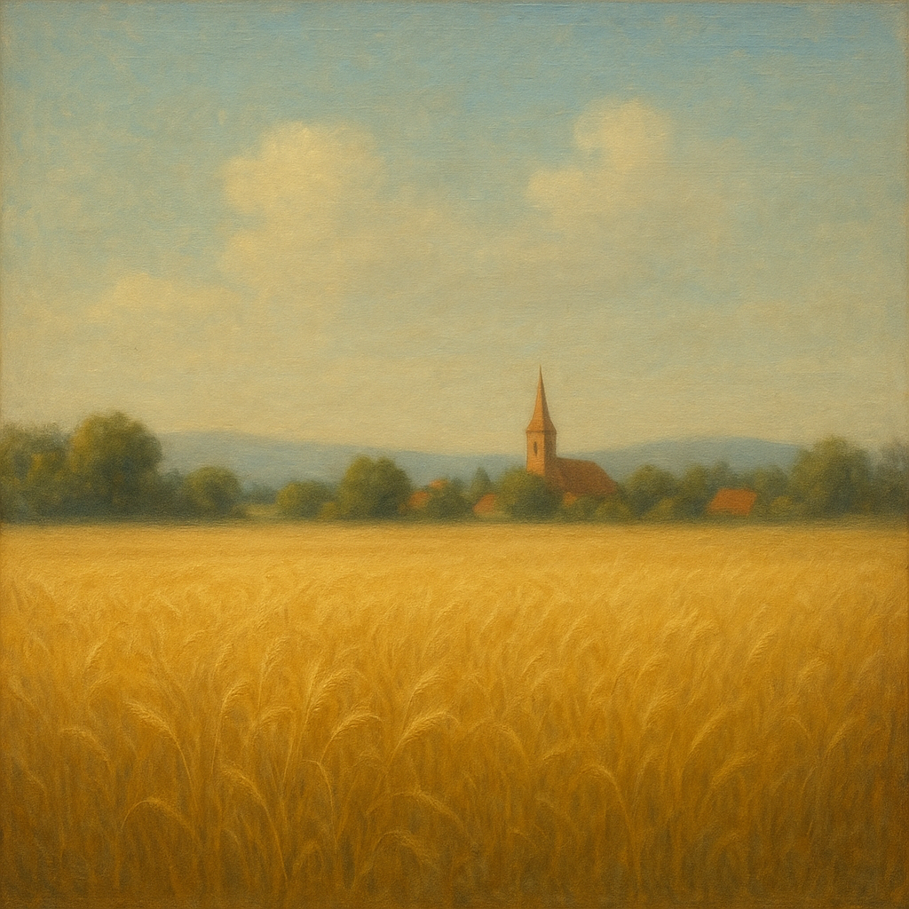 Sun-Drenched Wheatfield & Distant Village No. 3 Oil Painting - View 1