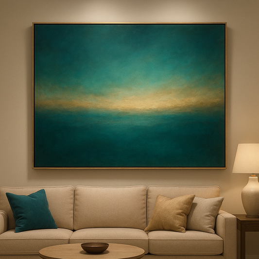 Peacock Teal & Champagne Gold Horizon No. 3 Oil Painting - View 1