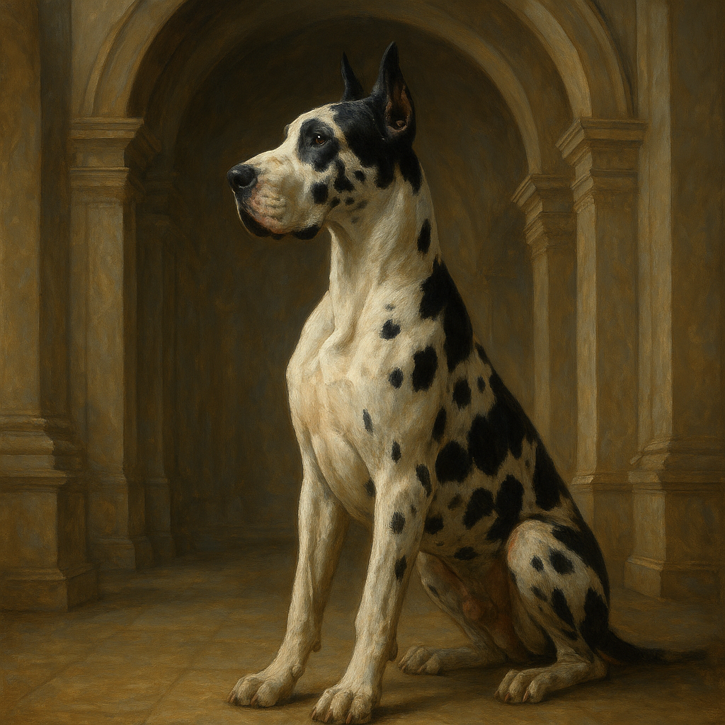 Regal Great Dane in Grand Architectural Hall No. 15 Fine Art Oil Painting - View 1