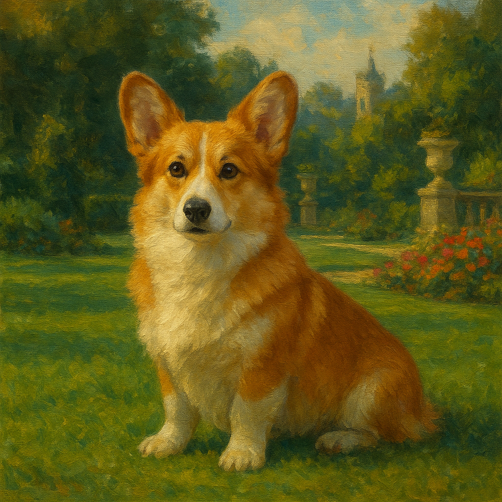 Pembroke Welsh Corgi in Royal English Garden No. 3 Fine Art Oil Painting - View 1