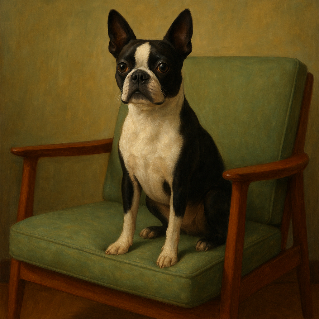 Boston Terrier in Warm Mid-Century Armchair No. 15 Fine Art Oil Painting - View 1