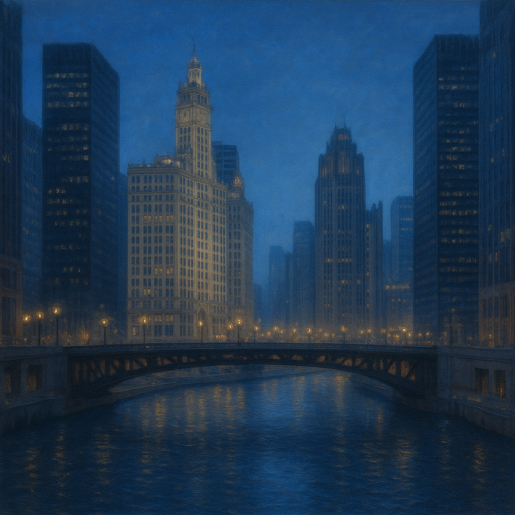 Chicago Riverfront Architecture at Blue Hour No. 11 Oil Painting - View 1
