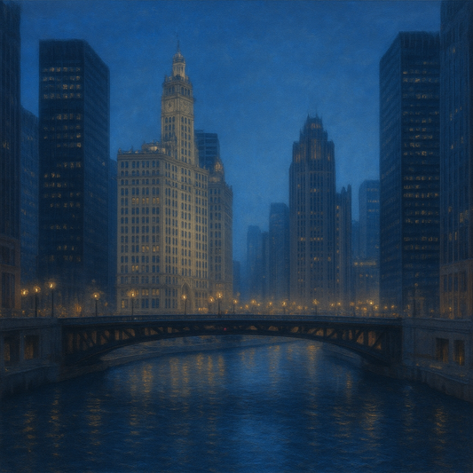 Chicago Riverfront Architecture at Blue Hour No. 11 Oil Painting - View 1