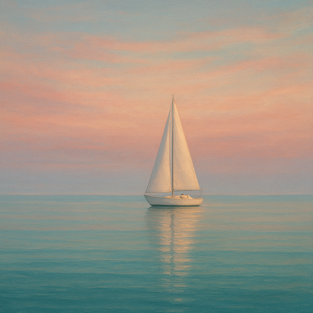 Solitary Sailboat on Vast Glass Horizon No. 7 Fine Art Oil Painting - View 1