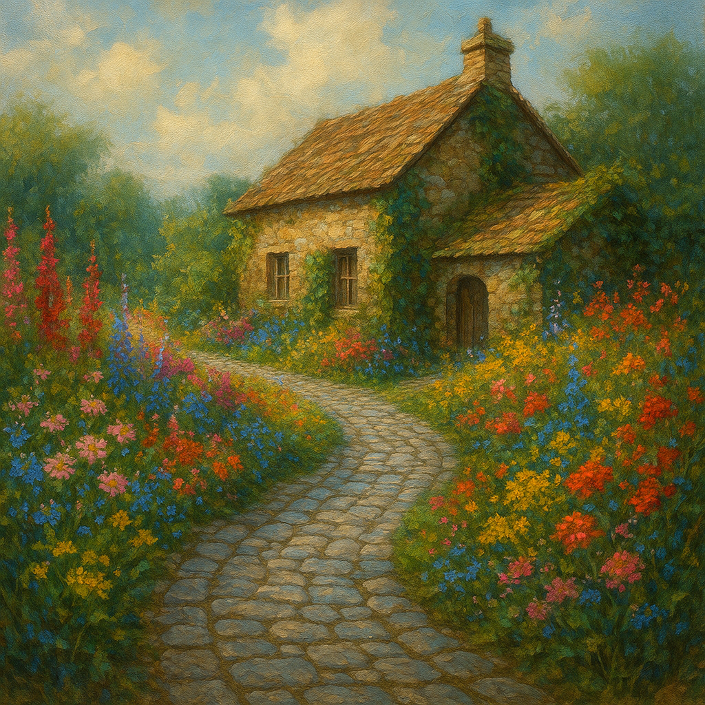 Rustic Stone Cottage Path with Wild Garden Blooms No. 8 Fine Art Oil Painting - View 1