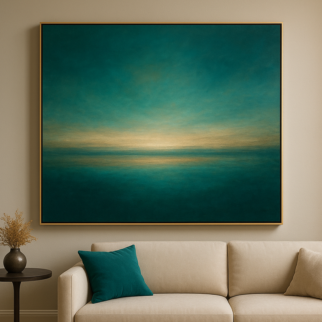 Peacock Teal & Champagne Gold Horizon No. 11 Oil Painting 100% Hand Painted Oil on Belgian Linen Canvas, Original Fine Art Wall Decor