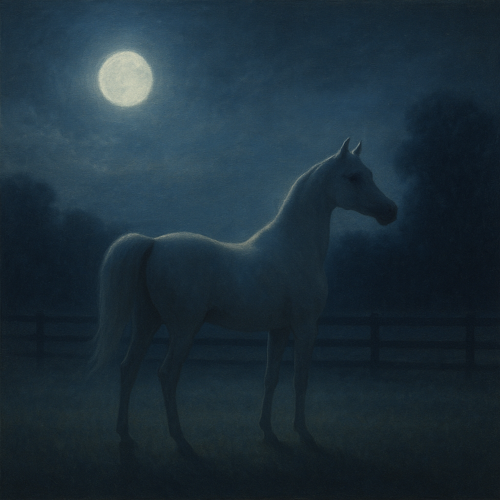 Moonlit Paddock with White Arabian Silhouette No. 18 Oil Painting 100% Hand Painted Oil on Belgian Linen Canvas, Original Fine Art Wall Decor