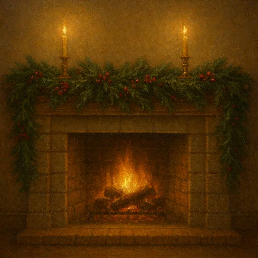 Vintage Fireside Hearth & Cedar Garlands No. 6 Oil Painting - View 1