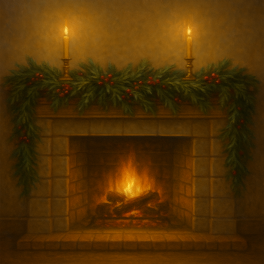 Vintage Fireside Hearth & Cedar Garlands No. 6 Oil Painting 100% Hand Painted Oil on Belgian Linen Canvas, Original Fine Art Wall Decor