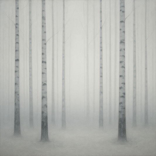 Pale Birch Woodland Silhouette in Whiteout No. 12 Oil Painting 100% Hand Painted Oil on Belgian Linen Canvas, Original Fine Art Wall Decor