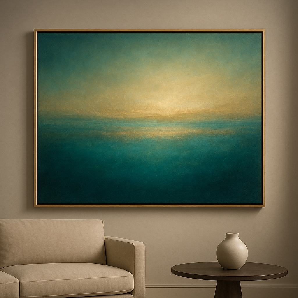 Peacock Teal & Champagne Gold Horizon No. 8 Oil Painting - View 1