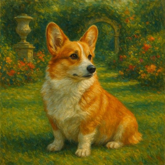 Pembroke Welsh Corgi in Royal English Garden No. 11 Fine Art Oil Painting - View 1