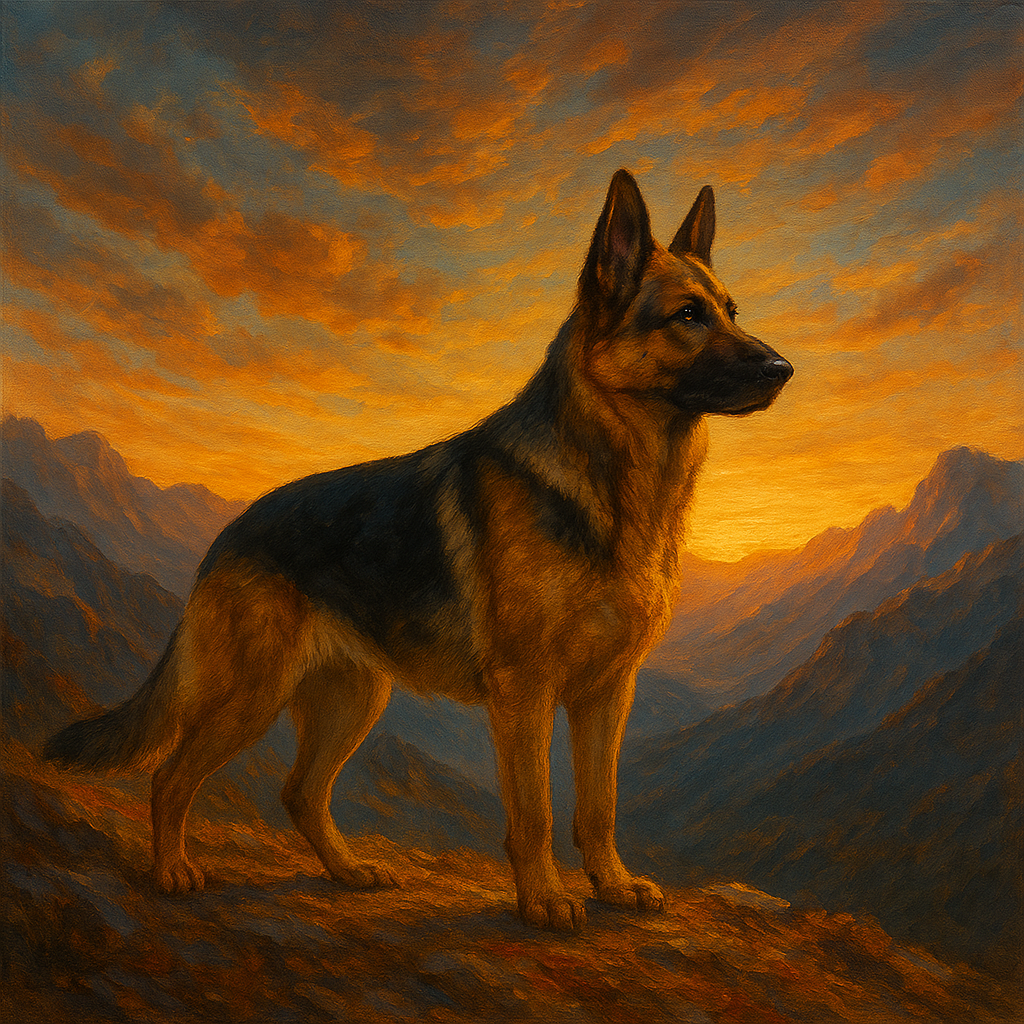German Shepherd Standing in Alpine Sunset No. 8 Fine Art Oil Painting - View 1