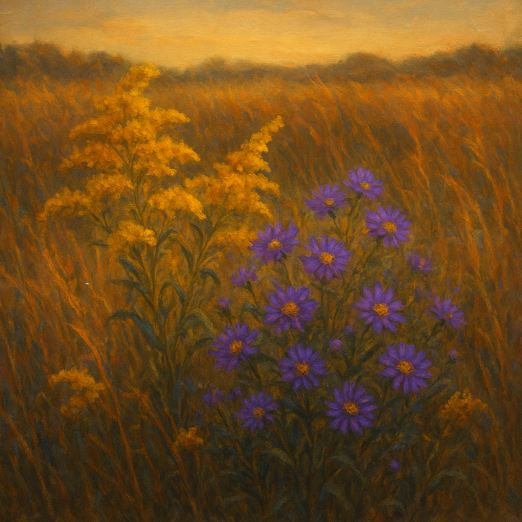 Goldenrod & Autumn Asters in Rustic Meadow No. 5 Fine Art Oil Painting - View 1