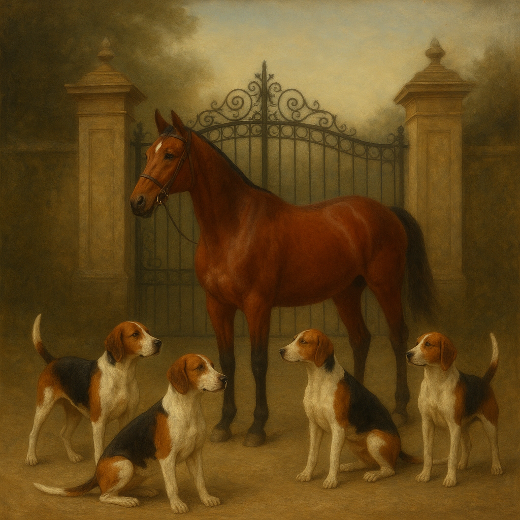 Hunting Hounds & Thoroughbred by Estate Gate No. 4 Oil Painting 100% Hand Painted Oil on Belgian Linen Canvas, Original Fine Art Wall Decor
