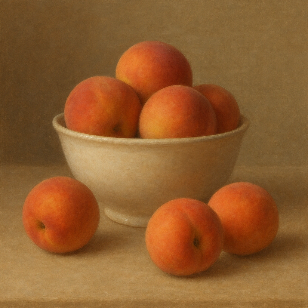 Heirloom Peaches & White Ceramic Bowl No. 9 Oil Painting - View 1