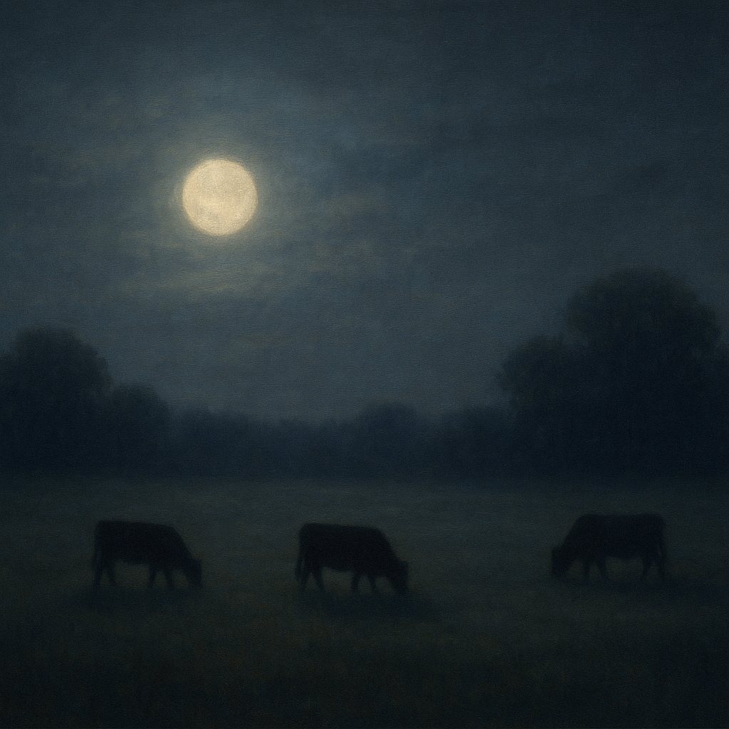 Moonlit Pastoral Meadow & Cattle Silhouettes No. 4 Oil Painting - View 1