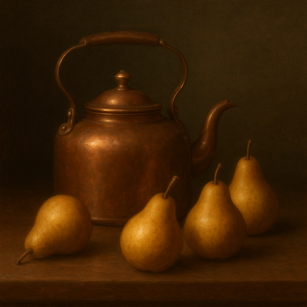 Antique Copper Kettle & Orchard Pears No. 9 Oil Painting - View 1