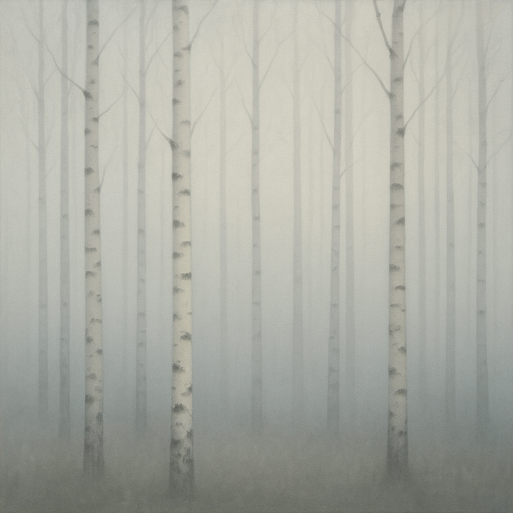 Pale Birch Woodland Silhouette in Whiteout No. 25 Oil Painting 100% Hand Painted Oil on Belgian Linen Canvas, Original Fine Art Wall Decor
