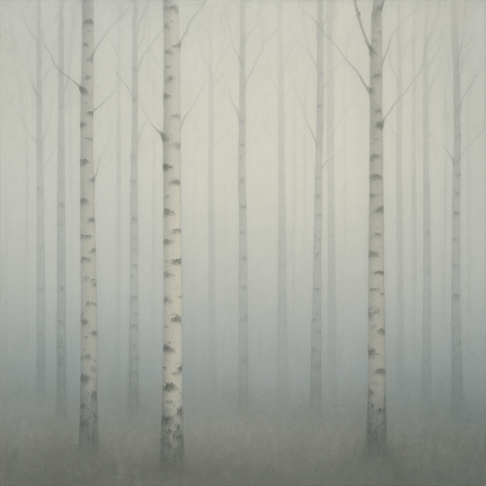 Pale Birch Woodland Silhouette in Whiteout No. 25 Oil Painting 100% Hand Painted Oil on Belgian Linen Canvas, Original Fine Art Wall Decor