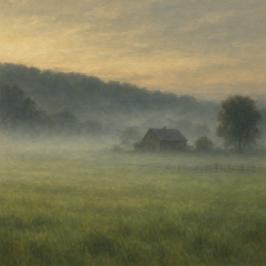 Misty Morning Pasture with Distant Wooded Ridge No. 10 Fine Art Oil Painting - View 1