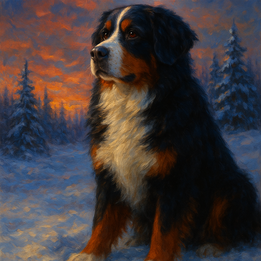 Bernese Mountain Dog in Winter Snowscape No. 13 Fine Art Oil Painting - View 1