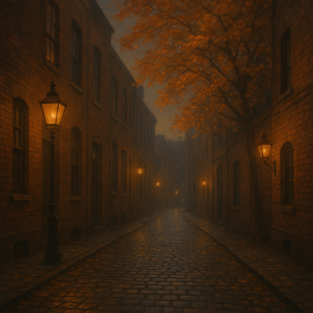 London Gaslamp Alley in Autumn Dusk No. 12 Oil Painting - View 1