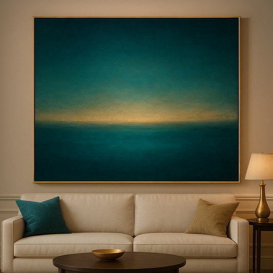 Peacock Teal & Champagne Gold Horizon No. 10 Oil Painting - View 1