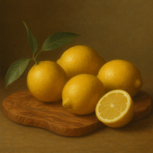 Meyer Lemons on Olive Wood Board No. 2 Oil Painting 100% Hand Painted Oil on Belgian Linen Canvas, Original Fine Art Wall Decor