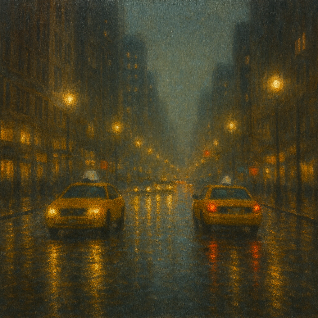 Rain-Drenched Manhattan Avenue Lights No. 18 Oil Painting - View 1