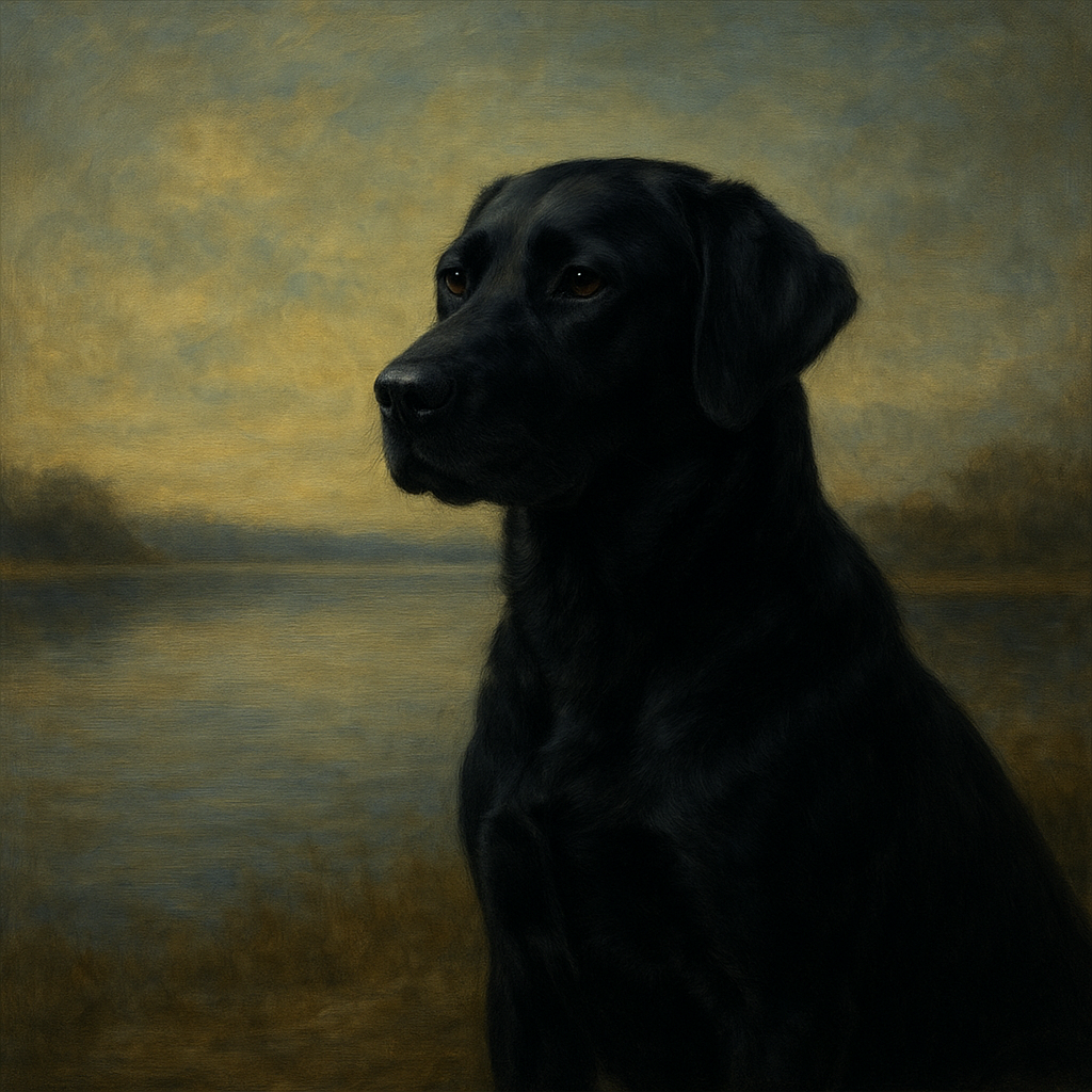 Black Labrador Retriever by Misty Lake Horizon No. 2 Fine Art Oil Painting - View 1