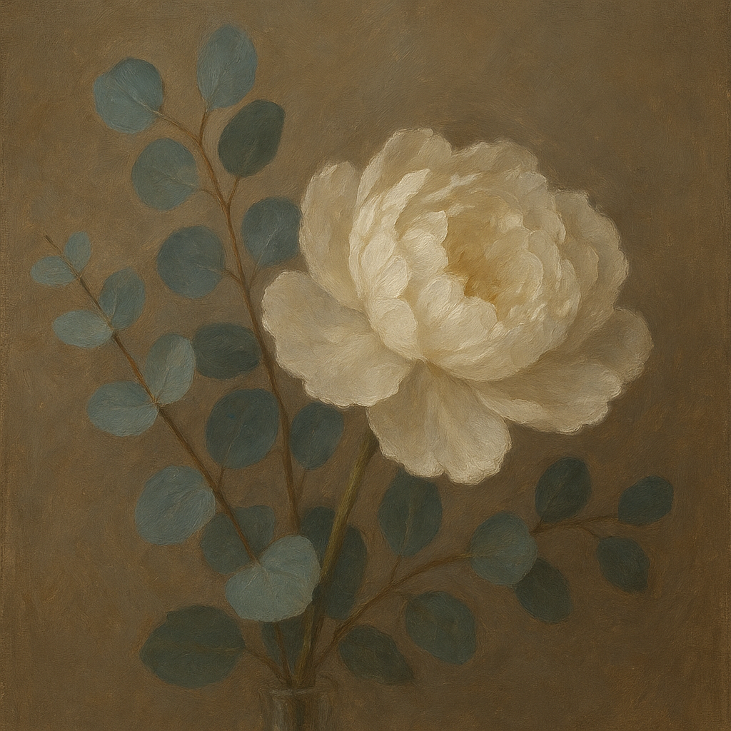 Eucalyptus & White Peony Minimalist Flora Fine Art Oil Painting - View 1