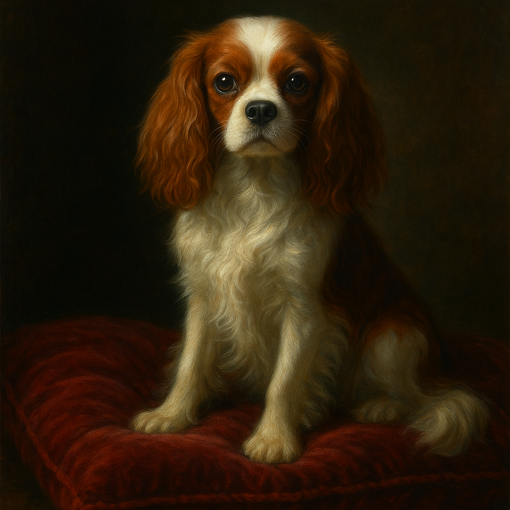 Cavalier King Charles Spaniel on Velvet Cushion No. 6 Fine Art Oil Painting - View 1