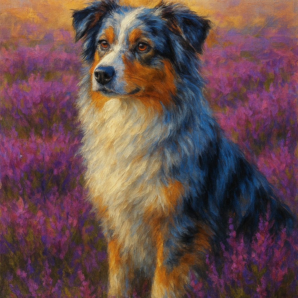 Australian Shepherd in Blooming Heather Field No. 6 Fine Art Oil Painting - View 1