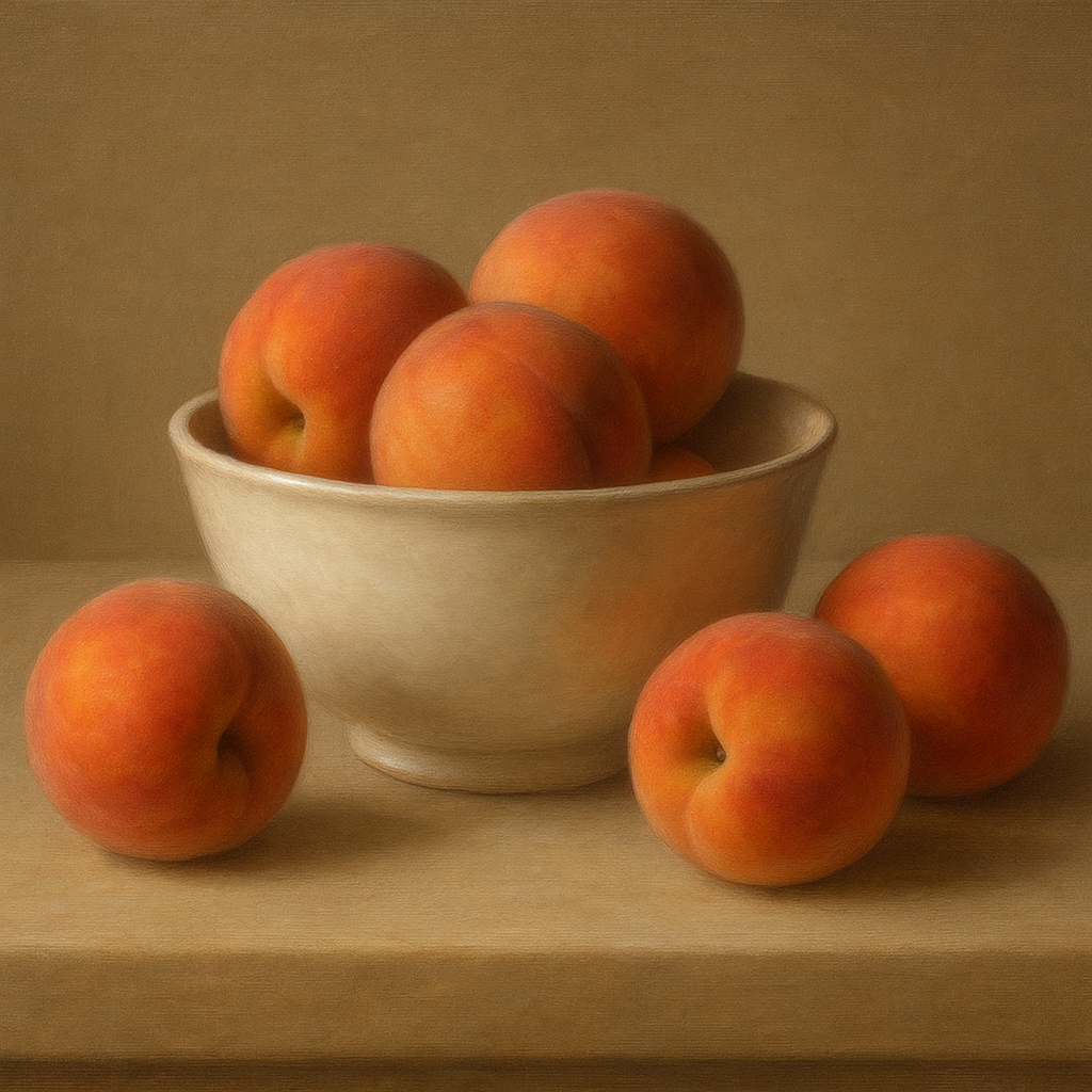 Heirloom Peaches & White Ceramic Bowl No. 4 Oil Painting - View 1