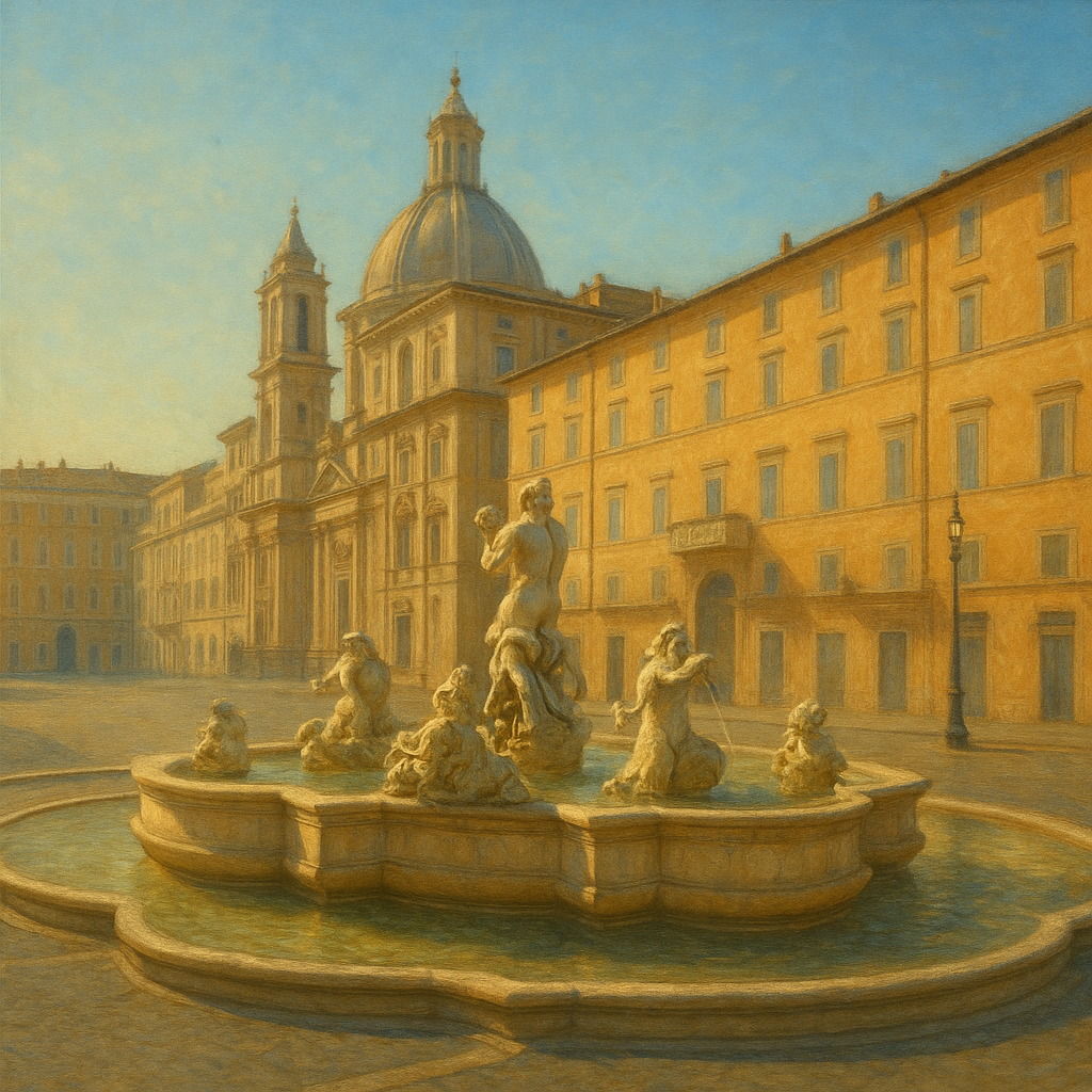 Rome Piazza Fountain in Morning Sunlight No. 29 Oil Painting 100% Hand Painted Oil on Belgian Linen Canvas, Original Fine Art Wall Decor