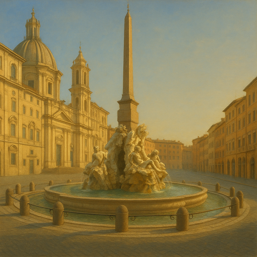 Rome Piazza Fountain in Morning Sunlight No. 16 Oil Painting - View 1