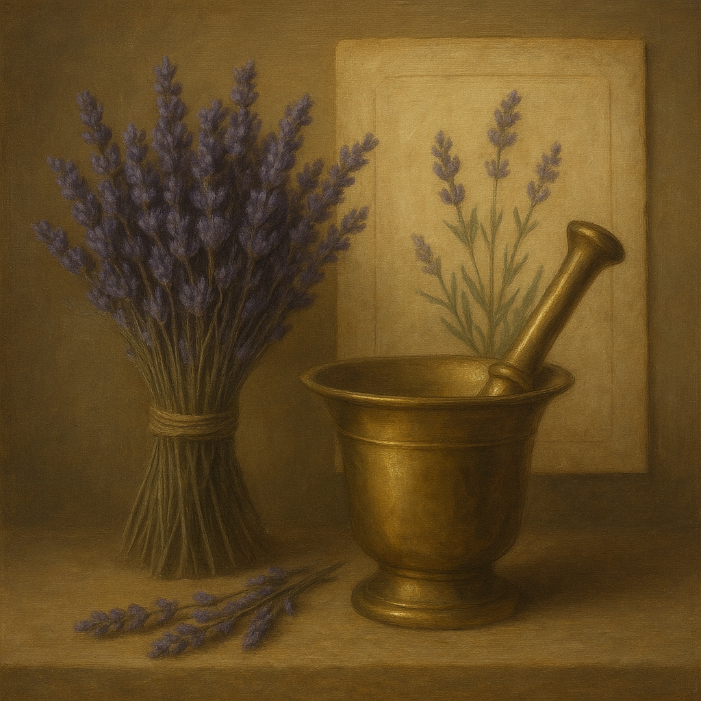 Lavender Herbarium & Mortar Study No. 8 Oil Painting - View 1