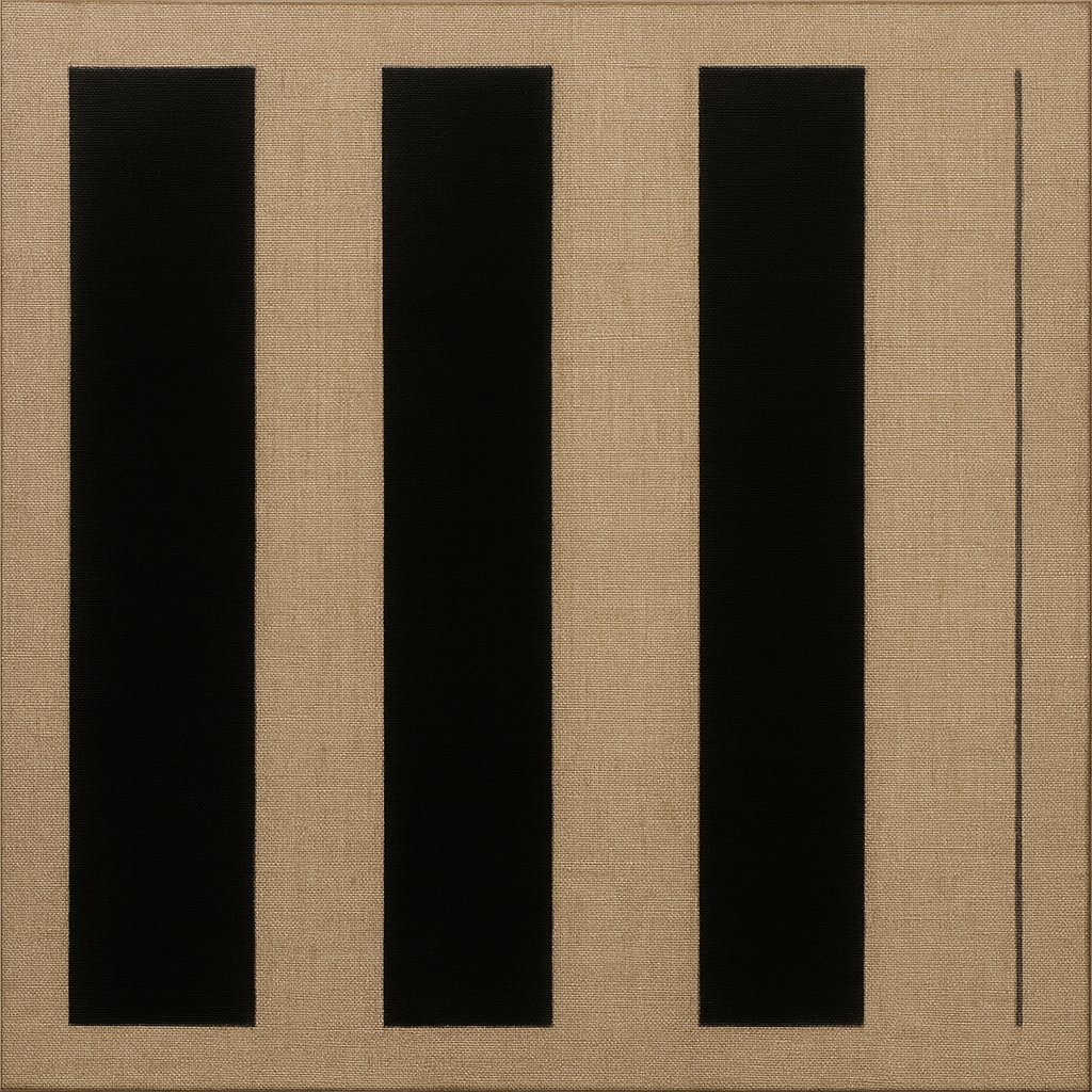 Minimalist Black Stripe & Raw Linen Rhythm No. 13 Fine Art Oil Painting - View 1