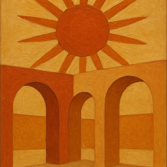 Mid-Century Terracotta Sun & Arches Oil Painting - 100% Hand-Painted Master Oil Painting
