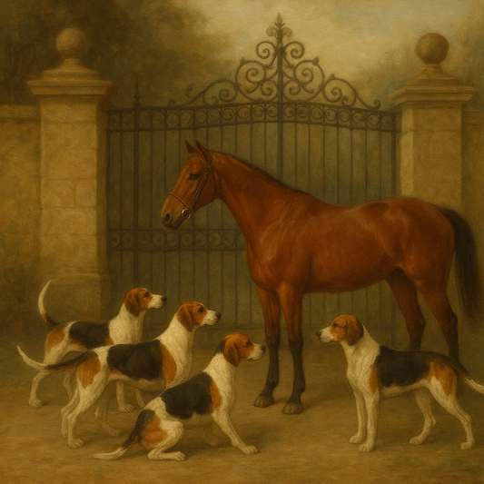 Hunting Hounds & Thoroughbred by Estate Gate No. 19 Oil Painting 100% Hand Painted Oil on Belgian Linen Canvas, Original Fine Art Wall Decor
