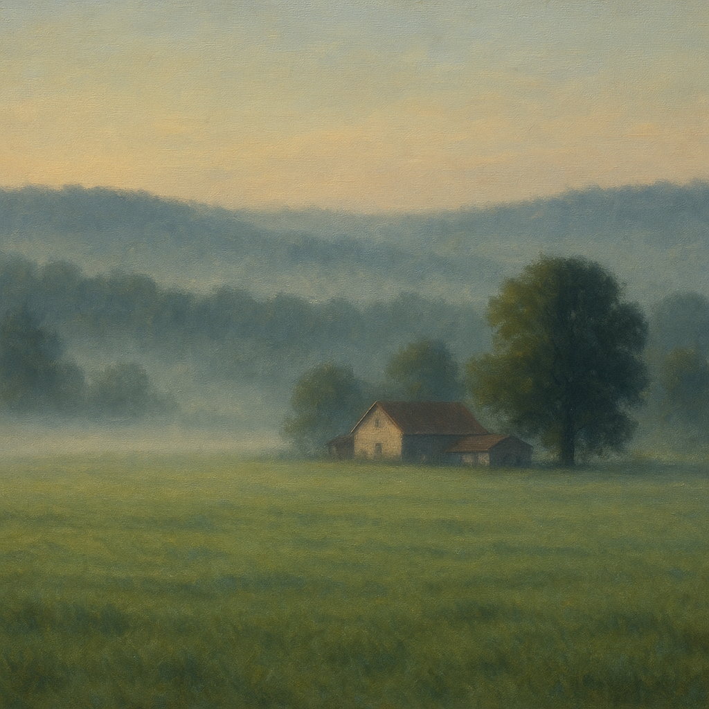 Misty Morning Pasture with Distant Wooded Ridge Fine Art Oil Painting - View 1