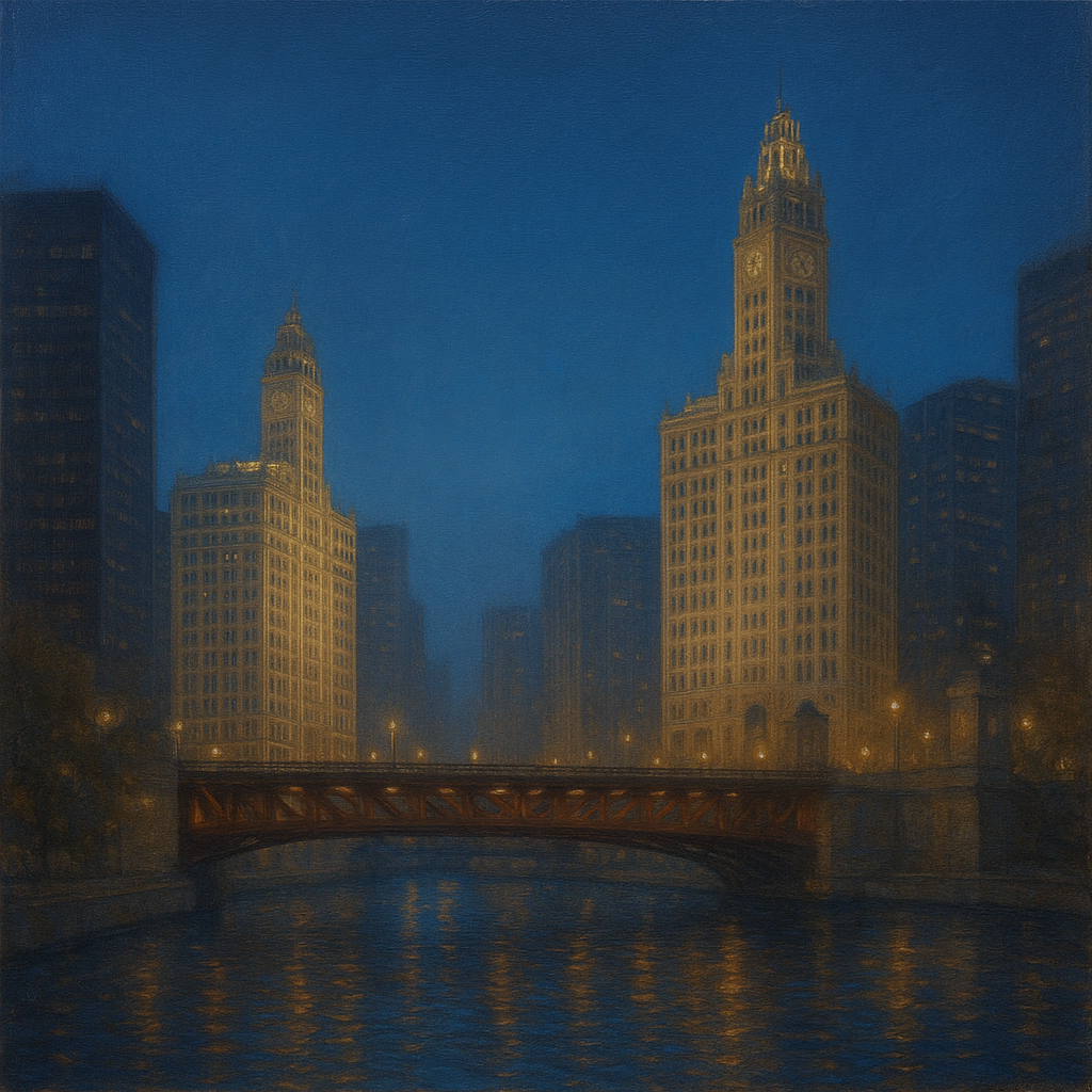 Chicago Riverfront Architecture at Blue Hour No. 16 Oil Painting - View 1