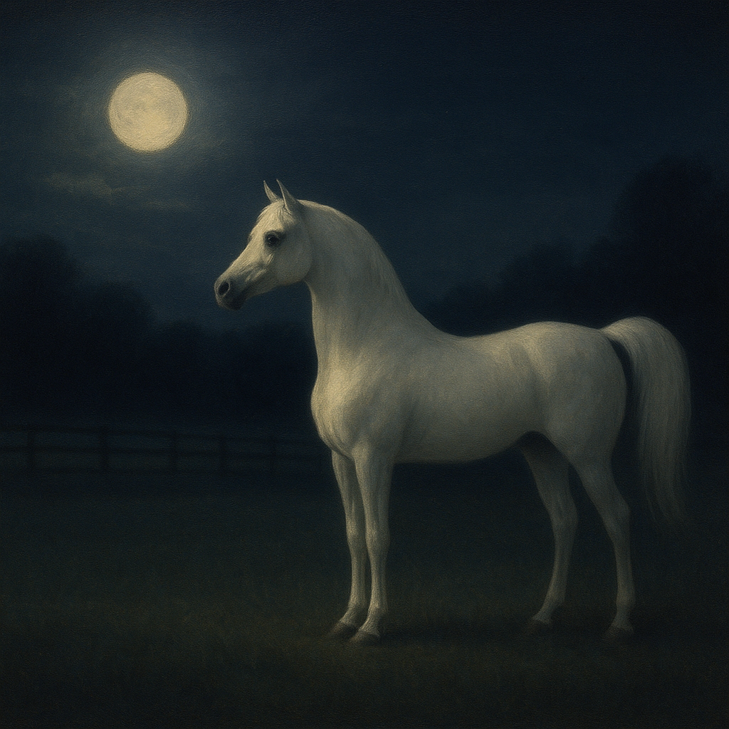 Moonlit Paddock with White Arabian Silhouette No. 8 Oil Painting - View 1