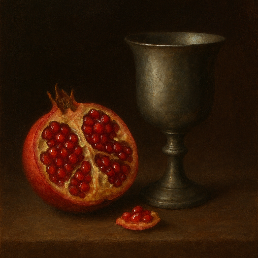 Pomegranate & Vintage Pewter Goblet No. 7 Oil Painting - View 1